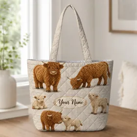 Highland Cow Calf Pastoral Farm Motifs for Daily Errands and Gifts for Cow Lovers Quilted Tote Bag