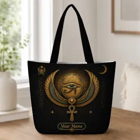 Ancient Egyptian Horus Eye Ankh Falcon Wings For Travel And Everyday Essentials Fans Quilted Tote Bag