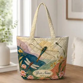 Botanical Dragonfly Meadow Gifts For Garden Lovers, Travel And Everyday Shopping Quilted Tote Bag