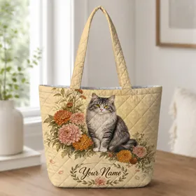 Autumn Gray Tabby Cat With Flowers For Everyday Carry And Fall Gifts For Cat Lovers Quilted Tote Bag