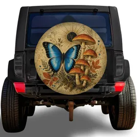 Blue Butterfly And Woodland Mushroom Vintage Collage For Nature Loving Road Trips Spare Tire Cover