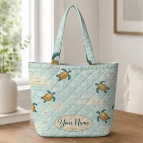 Sea Turtle Beach Coastal Theme For Summer Travel, Cruises, And Ocean Wildlife Lovers Quilted Tote Bag