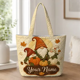 Autumn Gnomes And Pumpkins For Harvest Travel, Market Days And Fall Gift Giving For Women Quilted Tote Bag