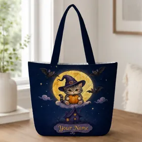 Tabby Witch Kitten With Pumpkin Halloween Night Gift For Cat Lovers And Spooky Season Quilted Tote Bag