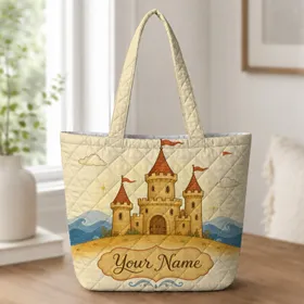 Enchanted Seaside Castle Travel Gift For Storybook Lovers, Readers And Coastal Dreamers Quilted Tote Bag