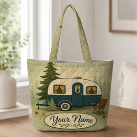 Vintage Camper Trailer And Pines Camping Adventure Gift For Road Trip Travel Fans Quilted Tote Bag