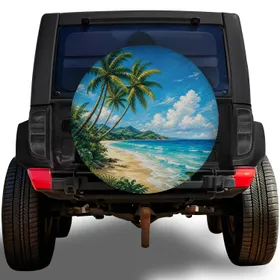 Tropical Beach Palms And Turquoise Waves For RV Camping Coastal Road Trip Enthusiasts Spare Tire Cover