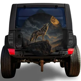 Howling Wolf and Amber Moon for Off Road Camping, RV Travel and Wilderness Lovers Spare Tire Cover