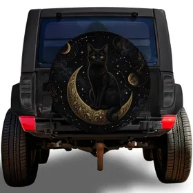 Black Cat On Antique Gold Crescent Moon For Gothic Jeep And SUV Night Drive Style Spare Tire Cover