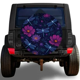 Glowing Blue Dragonflies And Purple Flowers For Night Garden Adventure Trips Spare Tire Cover