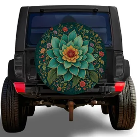 Peacock Green Lotus Dahlia Botanical Floral Accent For Boho Road Trips And Garden Lovers Spare Tire Cover