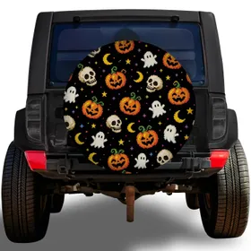 Pixel Halloween Ghost Pumpkin Skull Moon Decor For Spooky Jeep And SUV Adventures Spare Tire Cover