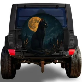 Black Cat And Golden Moon Night Scene For Outdoor Adventure Vehicles And Cat Lovers Spare Tire Cover