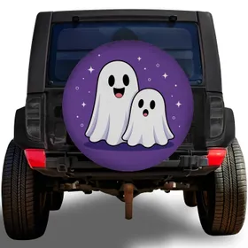Cute Ghost Duo On Purple Halloween Road Trip Decor For Spooky Season Vehicle Drivers Spare Tire Cover