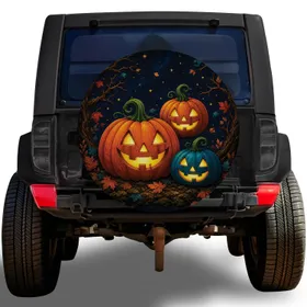 Glowing Jack O Lantern Trio for Halloween Night Drives and Autumn Road Trip Lovers Spare Tire Cover