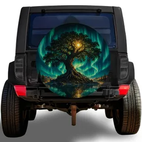 Ancient Oak Tree Of Life Aurora Lake Scene For Night Sky Camping And Overland Travel Spare Tire Cover