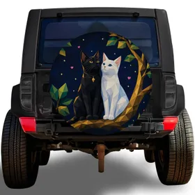 Geometric Black And White Cats Under Moonlit Tree For Night Drive Animal Lovers Spare Tire Cover