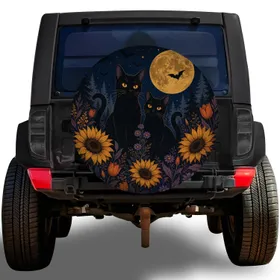 Moonlit Black Cats With Sunflowers For Gothic Halloween Garden Decor Enthusiasts Spare Tire Cover