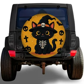 Cute Black Cat Witch With Skull Hat For Spooky Halloween Jeep And SUV Decor Fans Spare Tire Cover