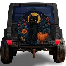 Black Cat Full Moon Pumpkin Floral Autumn Night Decor For Halloween Road Trip Fans Spare Tire Cover