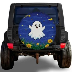 Cute Ghost Moon And Stars For Halloween Night Drives And Spooky Season Road Trips Spare Tire Cover
