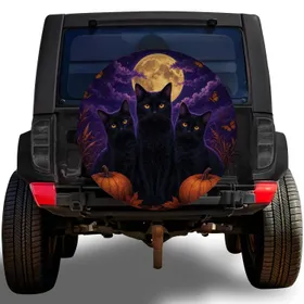 Black Cat Trio Under Full Moon With Pumpkins for Halloween Autumn Gothic SUV Lovers Spare Tire Cover