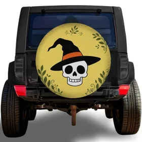 Friendly Skull Witch Hat Halloween Decor For Jeep SUV Fall Road Trip Adventure Fans Spare Tire Cover
