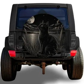 Moonlit Black Cat By Lakeside Under Crescent Moon For Outdoor Camping Cat Lovers Spare Tire Cover