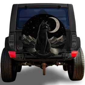 Black Cat Crescent Moon Mountain Night Scene for Gothic Outdoor Adventure Lovers Spare Tire Cover