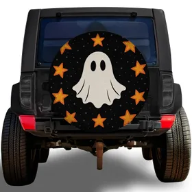 Friendly Ghost And Orange Stars Halloween Decor For Jeep SUV Night Road Trips Spare Tire Cover