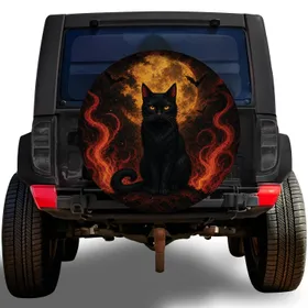 Black Cat Golden Moon Flames For Gothic Jeep Camping And Halloween Night Drivers Spare Tire Cover