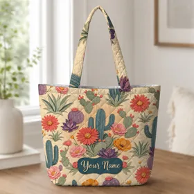 Colorful Desert Cactus Flower Collage For Everyday Shopping, Travel And Gift Giving Quilted Tote Bag