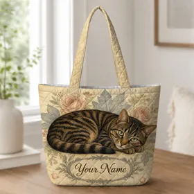Vintage Tabby Cat With Roses and Wildflowers Everyday Travel Gift for Cat Lovers Quilted Tote Bag