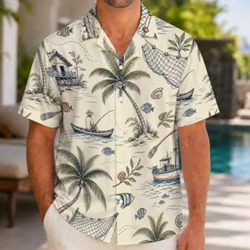 Tropical Palm Boats And Beach Cottages for Resort Vacation Travel and Island Getaways Hawaiian Shirt