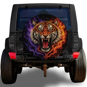 Roaring Tiger With Violet And Orange Flames For Off Road Adventure Vehicle Owners Spare Tire Cover