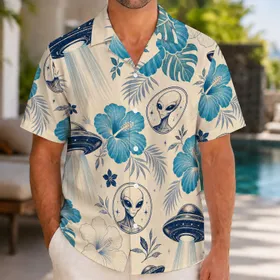 Retro Alien UFO Hibiscus Tropical Resort Party Style For Space Lovers And Trendy Men Hawaiian Shirt