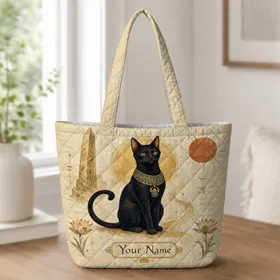 Egyptian Black Cat Scarab Pendant For Travel Weekends And Ancient Mythology Fans Quilted Tote Bag