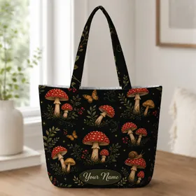 Enchanted Woodland Mushrooms, Snail And Butterflies For Cottagecore Autumn Gift Lovers Quilted Tote Bag