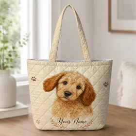 Curly Apricot Puppy Paw Marks Dog Lover Gift For Everyday Travel And Weekend Outings Quilted Tote Bag