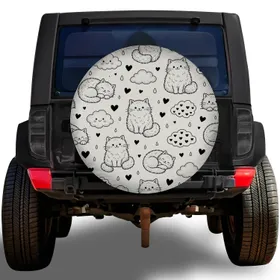 Cute Black And White Fluffy Cats Clouds And Hearts For Camping RV Outdoor Lovers Spare Tire Cover