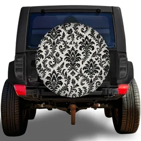Black Ivory Victorian Damask Ornament for Elegant SUV Travel and Outdoor Storage Spare Tire Cover