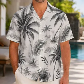 Monochrome Palm Tree Botanical Island Resort Wear For Men Tropical Vacation Style Hawaiian Shirt