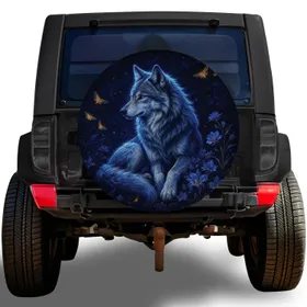 Moonlit Blue Wolf Enchanted Woodland Adventure Decor for RV Outdoor Camping Enthusiasts Spare Tire Cover