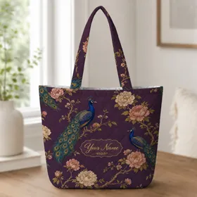 Blue Peacock And Peony Floral Gift For Elegant Everyday Carry And Special Occasions Quilted Tote Bag