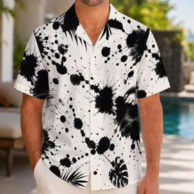Black Ink Splash Texture For Beach Vacation Travel And Summer Casual Style Menswear Hawaiian Shirt