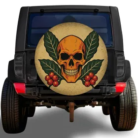 Vintage Coffee Skull With Cherries For Off Road Adventure Vehicles And Cafe Lovers Spare Tire Cover