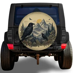 Raven Mountain Forest Scene for Alpine Camping and Off Road Adventure Enthusiasts Spare Tire Cover