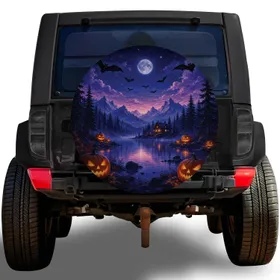 Halloween Jack O Lantern Mountain Lake And Bats For Spooky Fall Road Trips And Campers Spare Tire Cover