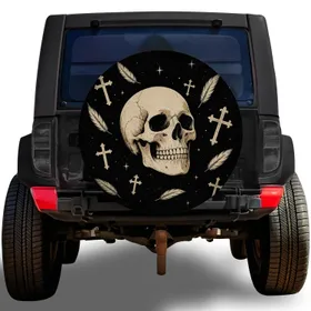 Ivory Skull Cross And Feather Gothic Overland Style For Adventure Vehicle Owners Spare Tire Cover