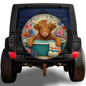 Highland Cow In Teal Bathtub With Wildflowers For Cheerful RV Spa Day Travel Decor Spare Tire Cover